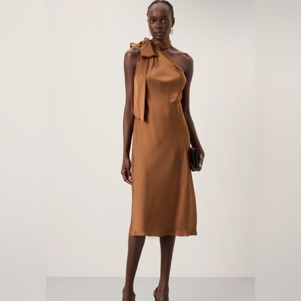 Ralph Lauren One-Shoulder Dress in Rich Brown Satin Tie Neck